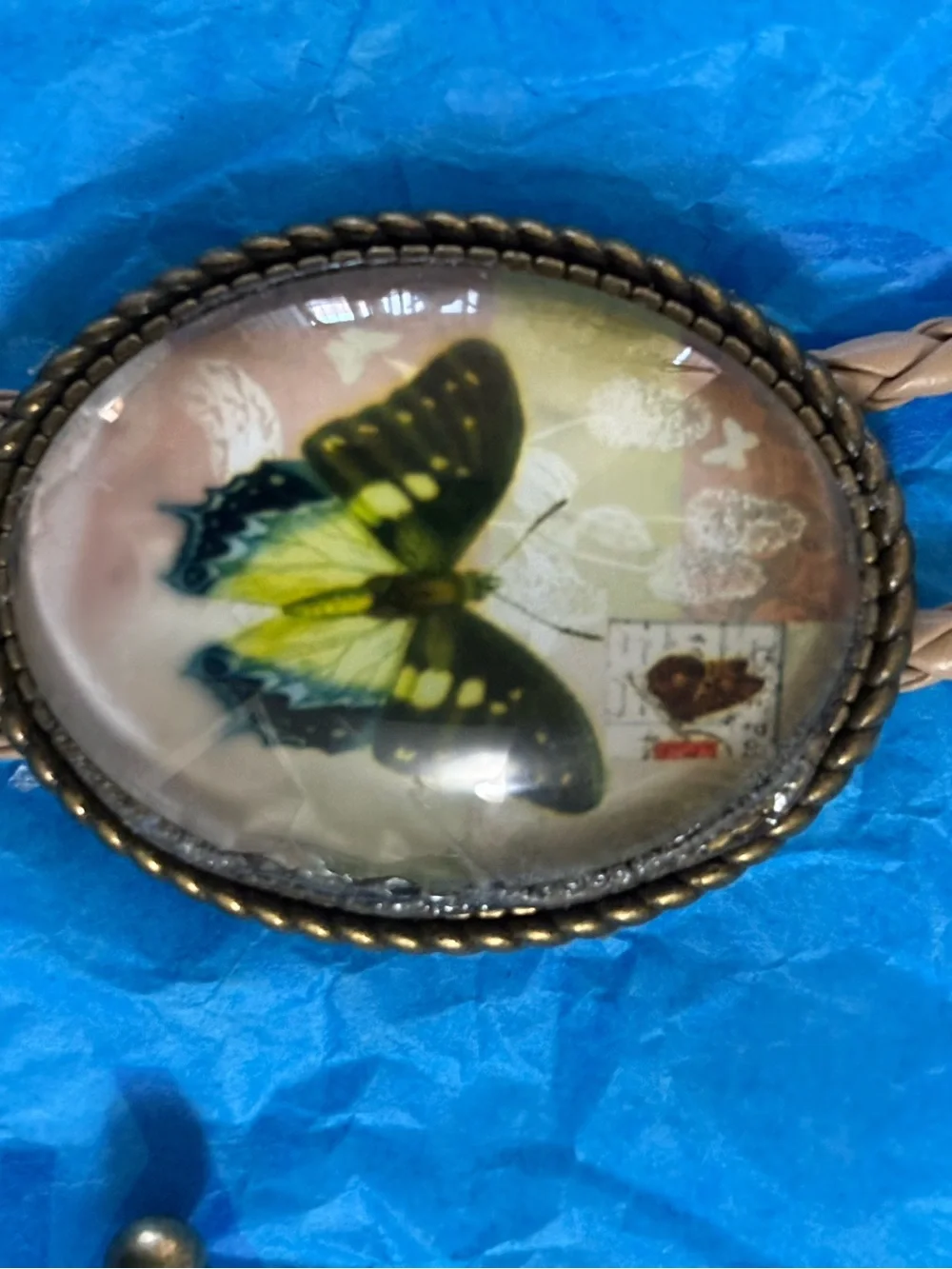 Vintage Style Butterfly Pendant Necklace - Yellow & Green Bolo Tie